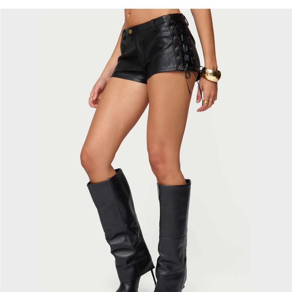Edikted Lace Up Faux Leather Micro Shorts